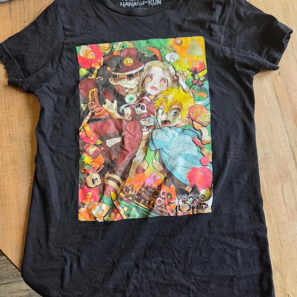 Womens Black Hanako Kun t-shirt with anime characters graphic XS